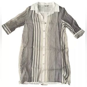 Redwood Court Blue/White 100% Linen Collared Long Button Up Shirt Dress Sz Sm